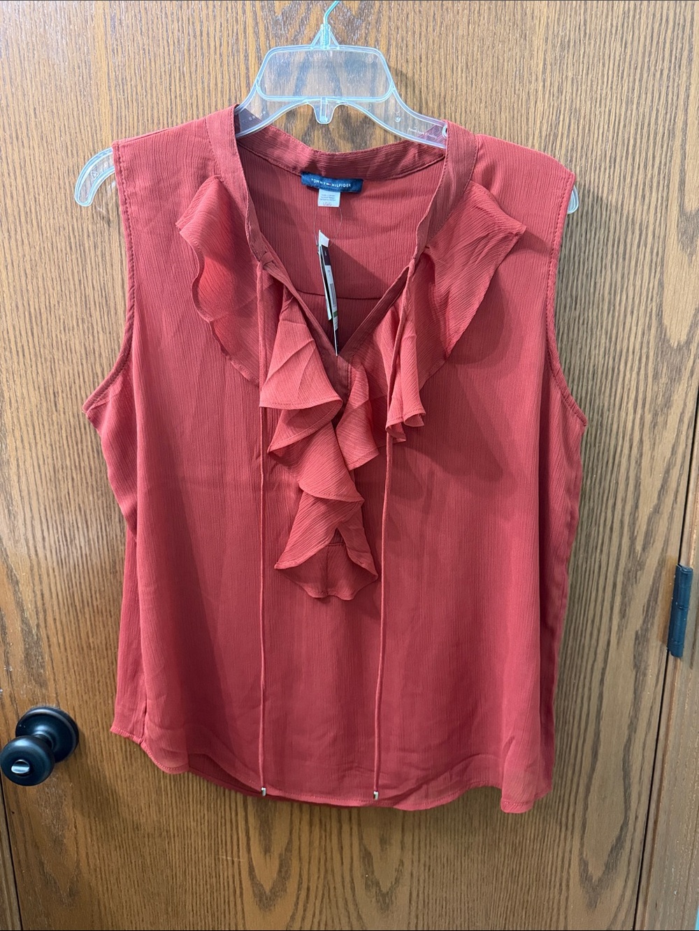 Tommy Hilfiger Sleeveless Ruffle V-Neck Blouse - Rust